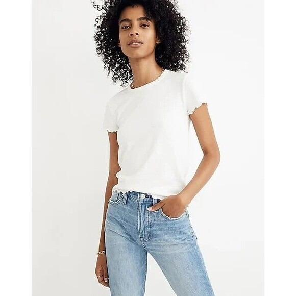 MADEWELL Baby Tee XL Bright Ivory Crewneck Lettuce Edge Top EUC B34 - Picture 1 of 6